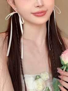 1 对芭蕾舞风格丝带蝴蝶结流苏珍珠耳钉，适合女士佩戴，精致的仙女般的珠宝，适合夏季 - 蝴蝶結 - 查看 3
