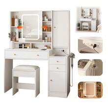 Tocador blanco con espejo y luz, mesa de maquillaje con 3 cajones - Blanco - Ver 1