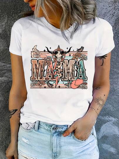 Graphic Shirts Women Western Style Mom Print-Shirt - Cow Head And Cactus Pattern Short Sleeve Round Neck Top - Breathable Summer Casual Mid-Stretch White Theme Shirt, Washable, Western Style-Shirt Year-Round Essential, Everyday Wear