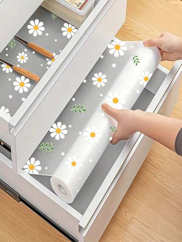 1 Rolle rutschfester Ablageflächen Liner mit Gänseblümchen Motiv, EVA wasserdichter Schrank Liner, nicht klebend, Schubladeneinlage, einfach zuzuschneidende Schrank Einlage für Regale, Kühlschrank, Schreibtisch, Schrank, Küche, Ablagematten