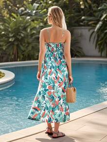 Vestido De Tirantes Con Abertura Alta Y Estampado Para Mujer, Casual De Vacaciones - Verde - Ver 2