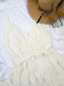 Elegante Vestido Casuales Para Mujer De Textura,Vestido Largo Con Abertura y Cuello En v Para Vacaciones - Beis - Ver 6