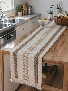 Tokoto 1pc Bohemian Woven Table Runner, Vintage Geometric Jacquard Tassel Dining Table Decor Cloth, Wabi-Sabi Style Coffee Table Cloth - Multicolor - View 2