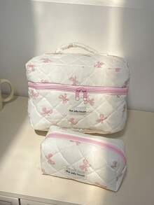 1 件/套 可爱粉色蝴蝶结图案化妆包 少女旅行化妆包 绗缝设计 儿童洗漱包 拉链柔软面料化妆包套装 大容量化妆包 带手柄 时尚手拿包 迷你八角包 文具收纳包 适用于家庭、宿舍和旅行 化妆刷包 可爱的旅行配件 化妆工具容器 女孩配饰包 大学度假巡航 暑假必备品
