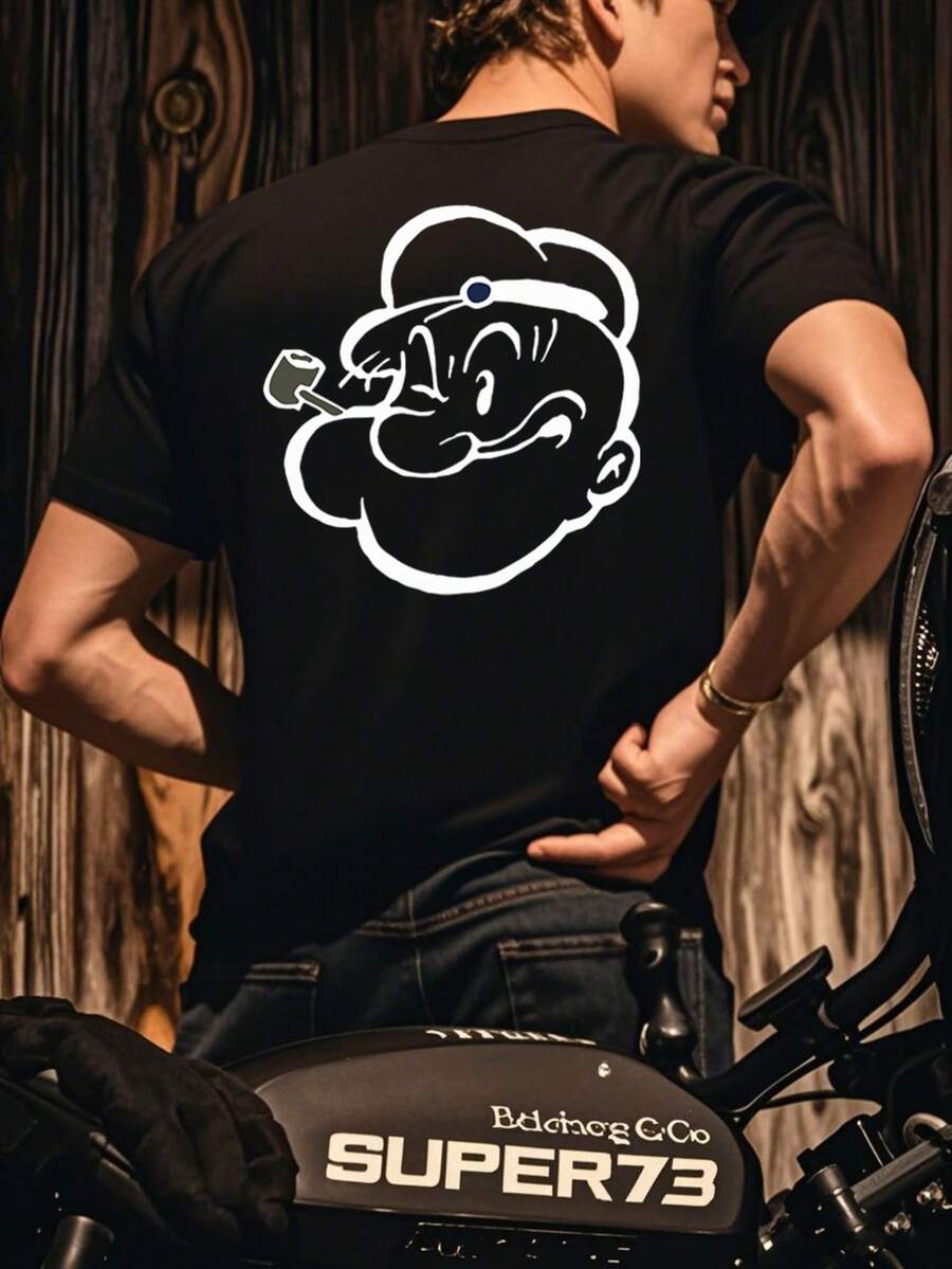 Popeye Collab Men's Casual Cartoon Print Short Sleeve Tee, Summer - Black - View 1