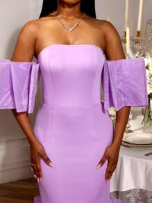 Vestido largo de tubo sin espalda, ajustado, con dobladillo plisado en color morado claro, para fiesta, club, despedida de soltera, cita, boda, dama de honor, graduación, invitado de boda, regreso a clases