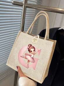 1 件粉色花卉字母印花手提包节日礼品袋储物袋购物袋多功能轻便日常旅行度假户外购物超市节日经典简约纯色可爱卡通礼物女儿时尚小包休闲包旅行配件学生女包 - 卡其色 - 查看 4