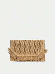 Boho-Stil Stroh gewebte Clutch Handtasche mit Patches und Fransen für Urlaub, Valentinstag