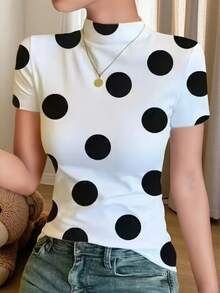 Ice Silk Knit Mock Neck Short Sleeve T-Shirt, Women Fashion Print Casual Blouse For Summer - White - View 4