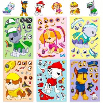  6Sheets Cute PAW Patrol Chase Skye Puzzle Stickers Funny Cartoon Make-A-Face Decals Assemble Jigsaw Christmas Gift