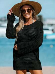 Copri-costume intero da donna con maniche lunghe e scollo rotondo, lavorato a maglia con dettagli traforati, adatto per primavera ed estate, taglie over