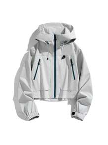 女士短款外套，春季轻便连帽多口袋拉链休闲户外外套 - 淺灰色 - 查看 4