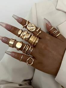 14 件/套厚几何不对称波浪液体纹理多层相交线金属风格粗戒指，时尚、简约、优雅、复古，适合节日、派对、日常佩戴、礼物 - 金黃色 - 查看 7