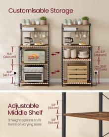 VASAGLE Kitchen Bakers Rack With Power Outlet, 4-Tier Coffee Bar With Adjustable Shelf, Microwave Stand, Paper Towel Holder, 40 X 60 X 140 Cm, Rustic Brown And Ink Black