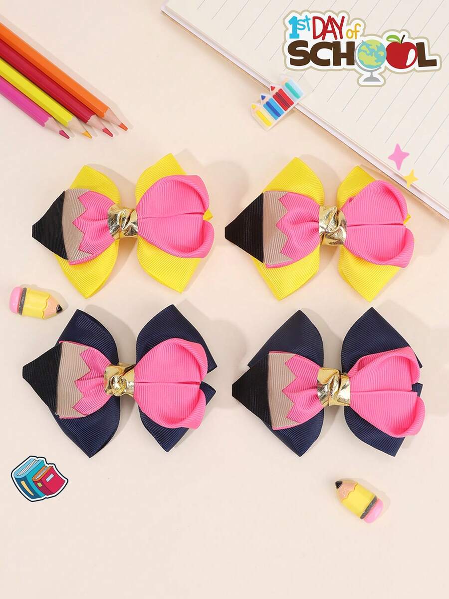 4pcs Back To School Hair Bows For Girls Pencil Bow Alligator Clips Pink Pencil Shaped Hair Clips First Day Of School Barrettes Cute Sweet Hairpin New Semester Gift Hair Clips Kids Hair Accessories - Multicolor - View 1