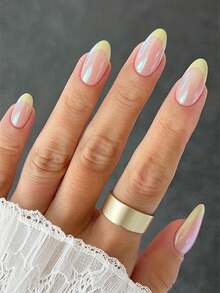 24pcs Almond Shape Press On Nails Set Light Yellow French Tip Glossy Topcoat Design Nail Art,Nail Supplies Simple And Elegant Style Fake Nails For Women And Girls Daily False Nails - Yellow - View 1