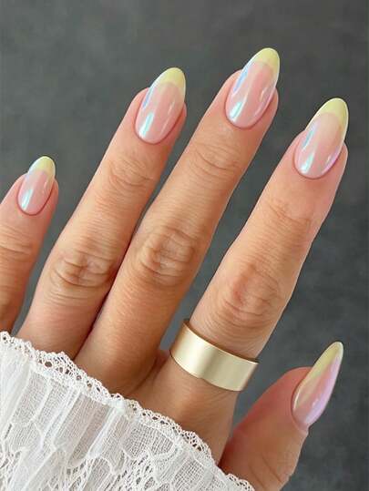 24 件杏仁形按压指甲套装浅黄色法式尖头亮面漆设计美甲，美甲用品简约优雅风格假指甲适合女士和女孩日常假指甲