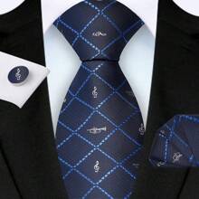 3-Piece Set: 8cm Necktie, Pocket Square & Cufflinks, Plaid Striped Geometric Pattern, High-Quality Classic & Fashion Business/Casual Necktie Set, Men's Wedding/Holiday/Party Gift