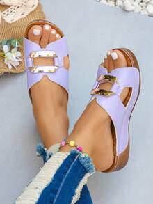 Plus Size 36-45 Summer New Fashion Versatile Navy Blue Metal Buckle Open Toe Women Platform Wedge Sandals, Casual Outdoor Beach Holiday Lightweight Comfortable Slip-On - 淡紫色 - 查看 3