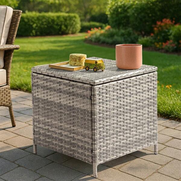 Outdoor PE Wicker Side Table With Storage, Storage Table, Bar Table, Small Dining Table, Patio Rattan End Table Square Container For Furniture Covers, Toys And Gardening Tools, Black
