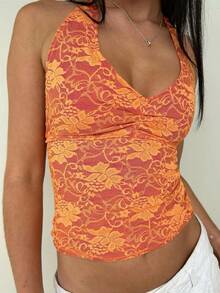 Women Lace Tank Top Halter Tie Back Camisole Sleeveless Crop Shirts Going Out Summer Streetwear - 橘色 - 查看 7