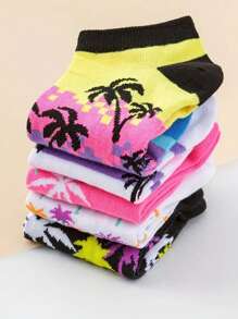5 pares de calcetines de tobillo para mujer con estampados de palmeras en blanco, morado, negro, amarillo, rosa, gris. Moda, versátiles, suaves y cómodos, transpirables para el verano