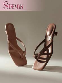 SDEMIN 夏季新款女士纯色拖鞋，优雅度假鞋，休闲沙滩高跟凉鞋，时尚易穿高跟鞋，适合正装 - 杏色 - 查看 6