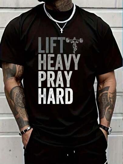 Camiseta de hombre de moda de manga corta 100% algodón, levanta pesado, oración dura, gimnasio, Jesús, fe cristiana, camiseta de moda con impresión, camiseta gráfica de hombre, 100% algodón puro y suave.