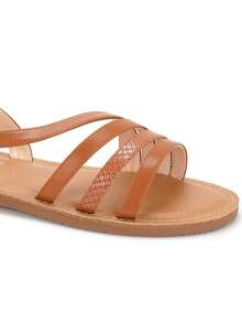 女士平底系带凉鞋，纹理细节，可调节扣环——轻盈舒适，适合夏日穿着 - 駝色 - 查看 2