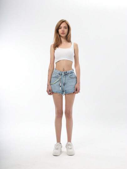 Plain Casual Denim Zip Pocket Frayed Hem Shorts