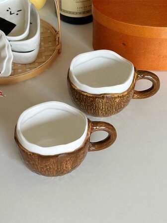 1 pieza Taza de cerámica hecha a mano asimétrica de 250ml, taza de café con forma de coco creativa, taza de cerámica simple con esmalte, taza para latte, taza para avena, taza de agua para el desayuno (sin cuchara)