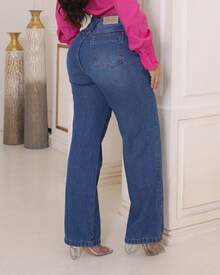 Women's Wide Leg Jeans, 100% Denim Fabric, High Waist On - Màu xanh lam - Xem 3