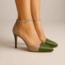 Mozione Women's Pumps Luxury High Heel Bicolor Shoes With Buckle Soft Comfortable - xanh quân đội - Xem 3