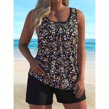 Summer Floral Two-Piece Swimsuit – Soft Tank Top & Shorts Combo - 黑色 - 查看 3