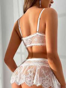 5pcs/Set Women Sexy Romantic Lace Mini Skirt With Stocking Lingerie Set, For Christmas - 白色 - 查看 2