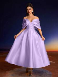 女士优雅3D立体花卉装饰正式晚礼服，简约设计 - 紫色 - 查看 3