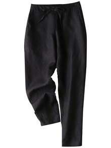 Lanwont Women's Linen Trousers Summer Casual High Waist Drawstring White Beach Pants - 黑色 - 查看 2
