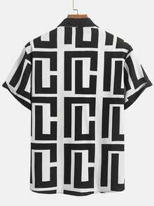 Men's Fashion Button Down Short Sleeve Collared Shirt With Random Prints And Contrast Design, Suitable For Casual, Simple, Versatile Everyday Wear, Commute, Street Style, Summer - Black and White - View 4