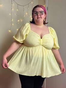 Enliva Abidrinkell Plus Size Solid Color Women Puffy Sleeve Bow Front Peplum Peasant Casual Summer Shirt, Yellow, Back To School Cute Lunch Casual Clothes For Easter, For Apple Rounded Body Shape - Yellow - View 2