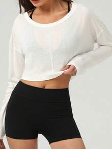 Women's Solid Color Drop Shoulder Long Sleeve Activewear T-Shirt, Autumn