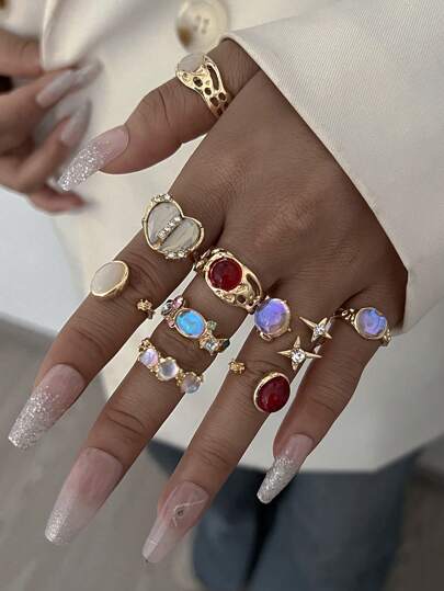 9 Peças Conjunto de Anéis Assimétricos com Coração Oco, Strass, Design de Explosão de Estrela de Pedra Falsa, Anel Grosso, Empilháveis, Elegante Estilo Vintage, Adequado para Feriados, Festas, Encontros, Uso Diário, Presente