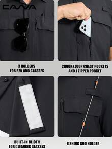 Cavva 男士户外 UPF50+ 钓鱼徒步衬衫 防水柔软轻便透气 3 个实用口袋 钓竿架 太阳镜环 笔槽 内置眼镜布 徒步露营 - 黑色 - 查看 3