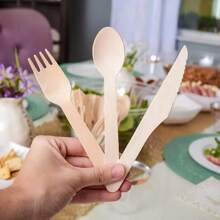 300/150/30 Stück Einweg Messer, Gabel und Löffel Set, Einweg Besteck Set aus Holz, unbeschichtete Holzbestecke, Einweg Dinner Gabeln, Dessert Gabeln, Kuchengabeln, Eislöffel aus Holz für Partys, Feiertage, Geburtstage, Hochzeiten und Heimdekoration - beinhaltet Messer, Gabeln und Löffel