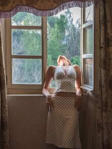 女式波尔卡圆点撞色优雅派对休闲节日 Y2K 露背吊带荷叶边两件套，迷人时尚，适合春夏季、秋季分层穿着、万圣节派对、圣诞节装扮 - 黑與白 - 查看 6