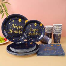 96 Stück/Set Marine Blau Geburtstags Party Zubehör, Metallic Gold Folie Geburtstag Pappteller, 7/9 Zoll Marine Blau mit Gold Folie Geburtstag Party Einweg Teller und Becher & Servietten, für Geburtstags Dekoration - Verschiedenfarbig - Übersicht 1