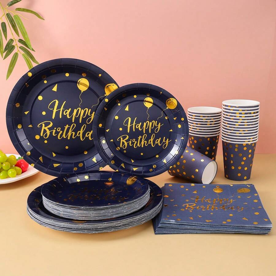 96 Stück/Set Marine Blau Geburtstags Party Zubehör, Metallic Gold Folie Geburtstag Pappteller, 7/9 Zoll Marine Blau mit Gold Folie Geburtstag Party Einweg Teller und Becher & Servietten, für Geburtstags Dekoration - Verschiedenfarbig - Übersicht 1