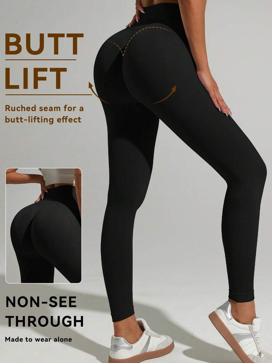 1PC Women's Seamless High-Waisted Butt-Lifting & Tummy-Control Black Solid Color Leggings,Warm, Breathable & Stretchy Winter Fabric Gym,Outdoor Leggings Ideal For Workout & Running,Christmas Essential Outfits.