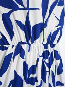 Elegante Vestido Largo Sin Mangas Para Mujer,Vestido Tank Con Cuello en V Y Estampado De Plantas En Blanco Y Negro, Dobladillo Con Volantes - Azul y blanco - Ver 5