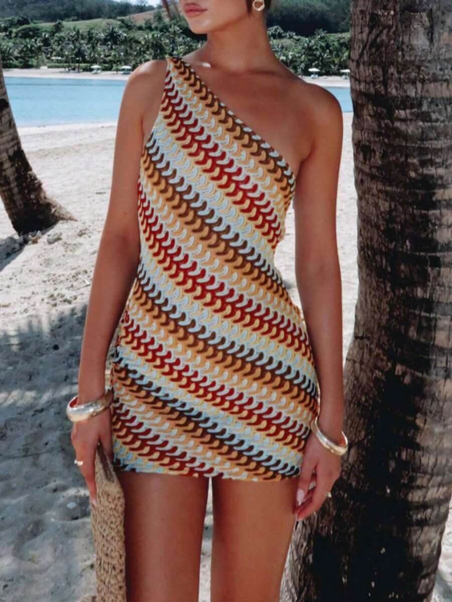 Bohemian Patchwork Color-Blocking Jacquard Mini Halter Sundress, Suitable For Beach & Casual Vacation - 藍色 - 查看 1