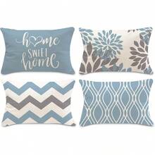 4 件装浅蓝色几何图案抱枕套 - 装饰沙发靠垫套，户外家居装饰，亚麻材质，单面花卉节日抱枕套，不含枕芯。（16 英寸 x 16 英寸、18 英寸 x 18 英寸、20 英寸 x 20 英寸）（12 英寸 x 20 英寸） - 淺藍色 - 查看 6